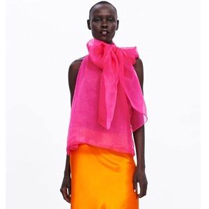 NEVER WORN Zara Bright Pink Organza high neck top